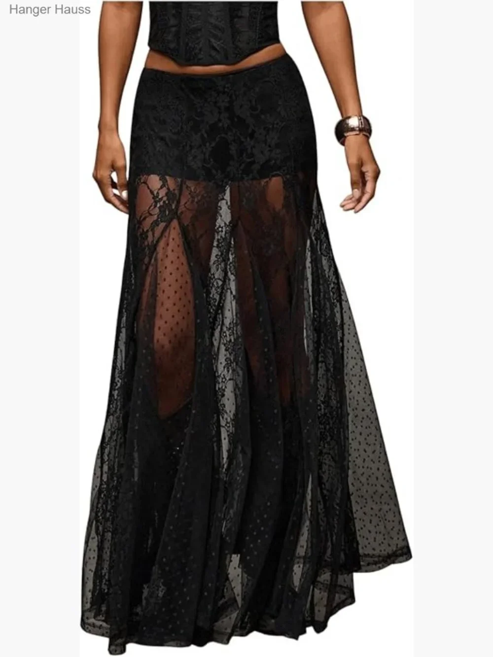 Sexy Sheer Lace Maxi Skirt Low Waist Ruffle Hem A-Line Flowy